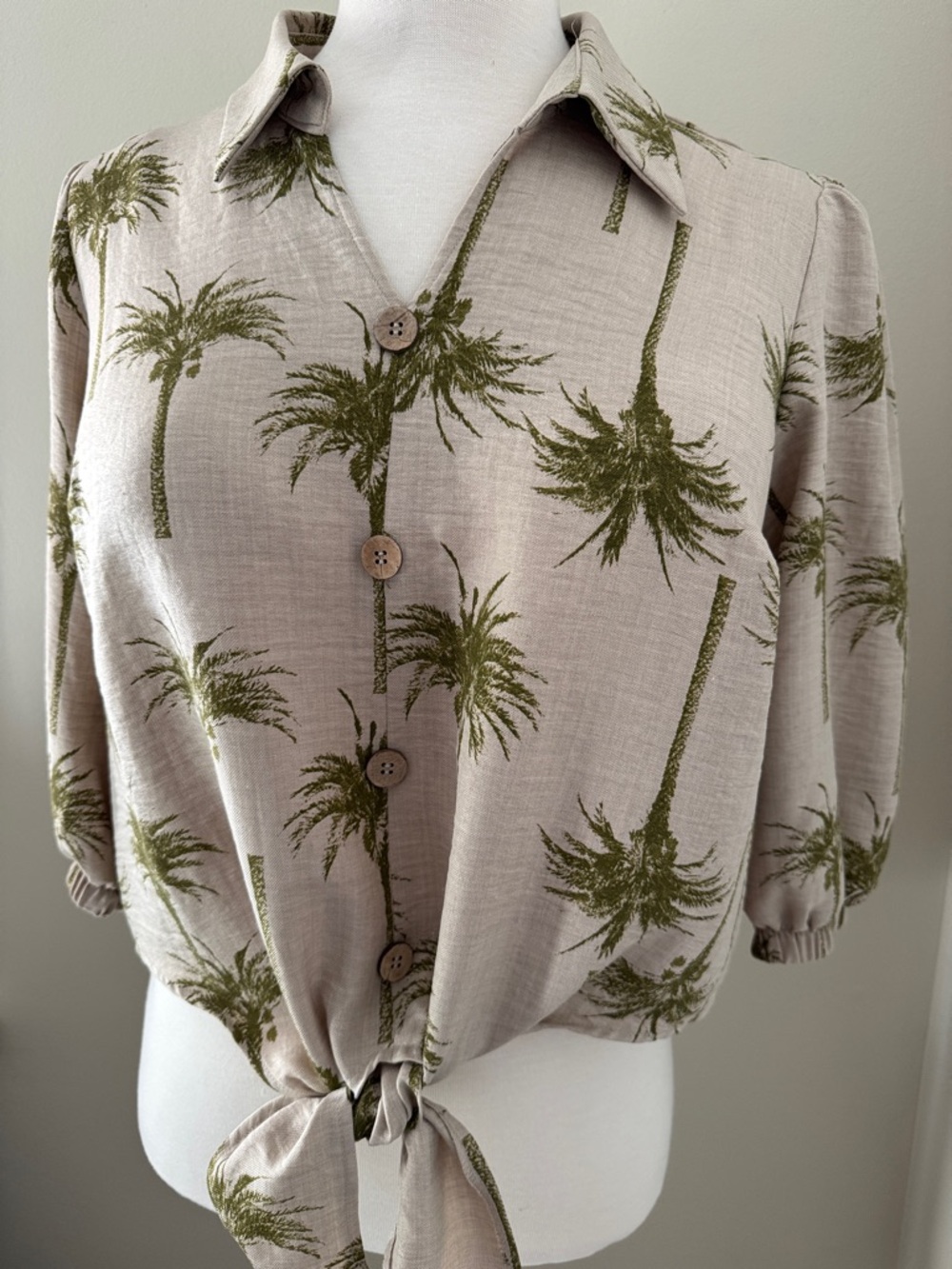 New York Clothing Co. Palm Tree Tie Waist Linen-look Top 1X